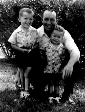 Erick, when 2 1/2 years old, on the left, Erick's brother, Frankie, and their dad, Frank W A Conard on April 17, 1951