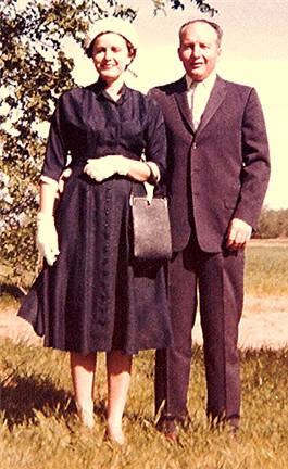 Billie Faye at 35 years	in 1960 with her husband, Frank W A Conard (40 years) taken at their 20 acre home site with 270 peach trees and 80 pear trees in Vernon, Texas