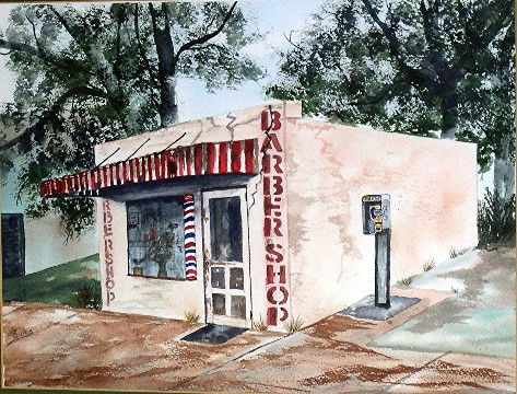 Frank Conard's Father's Barber Shop in Granada painted by his sister, Fern Conard Burns